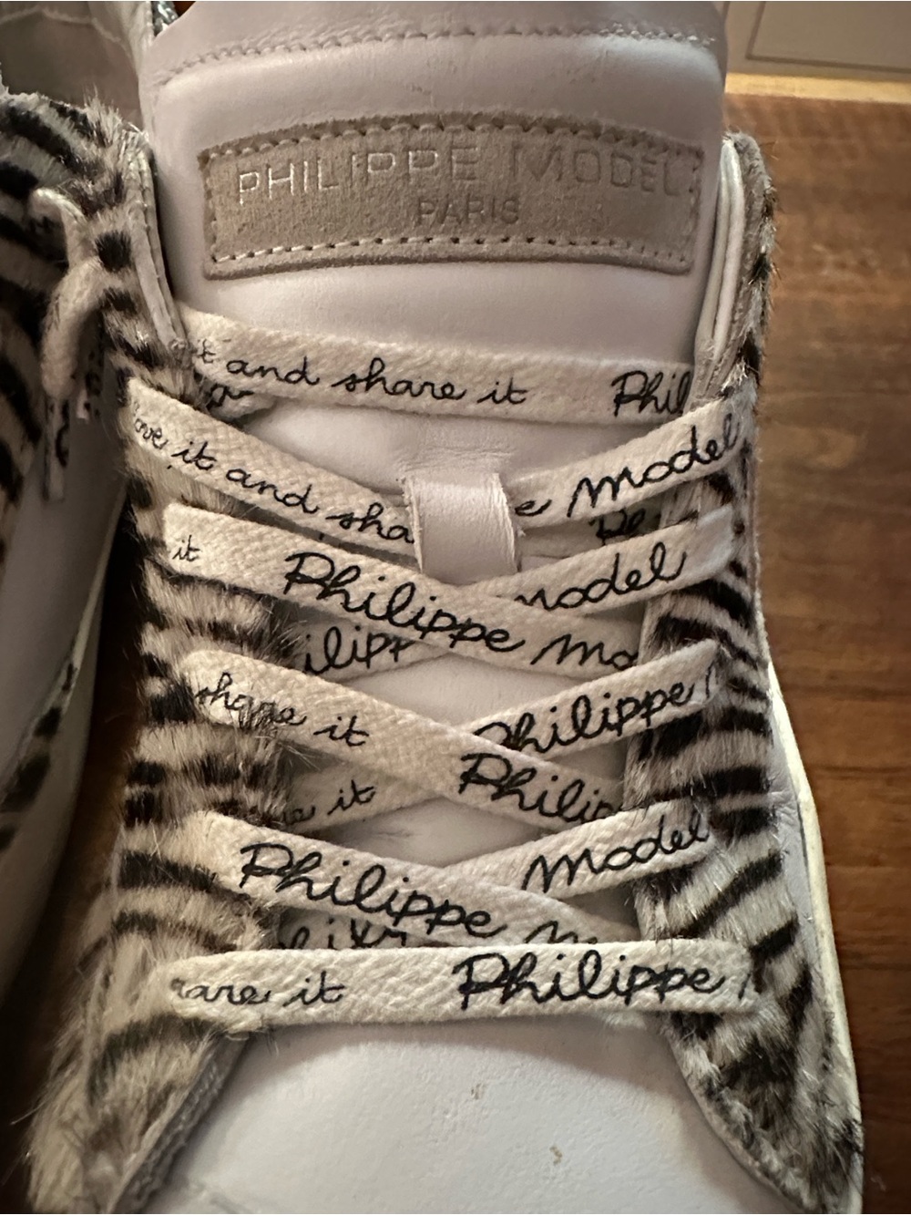 Philippe Model White Leather Sneakers with Zebra Trim and Silver Glitter Heel